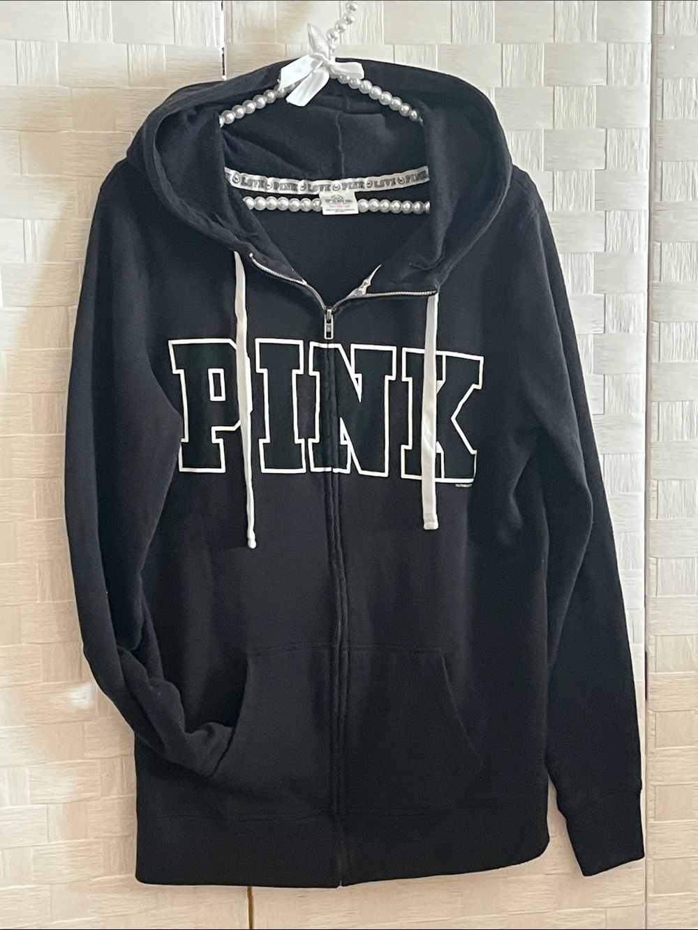 PINK Victoria's Secret Black Full-Zip Hoodie with White Lettering